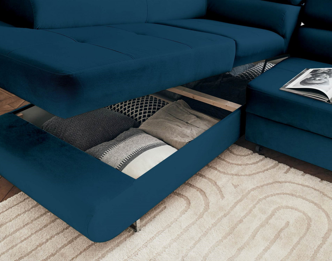 Pablo - canapé d'angle gauche en velours convertible avec coffre et têtières réglables 5 places - style contemporain