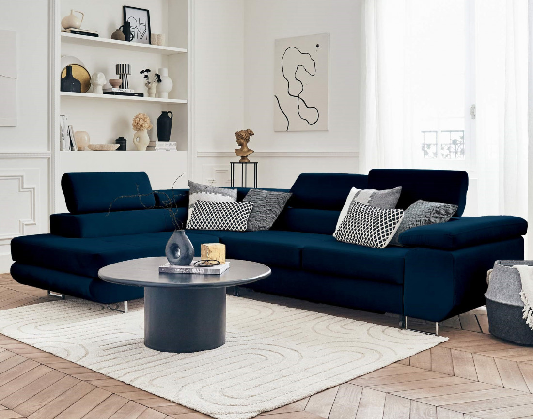 Pablo - canapé d'angle gauche en velours convertible avec coffre et têtières réglables 5 places - style contemporain