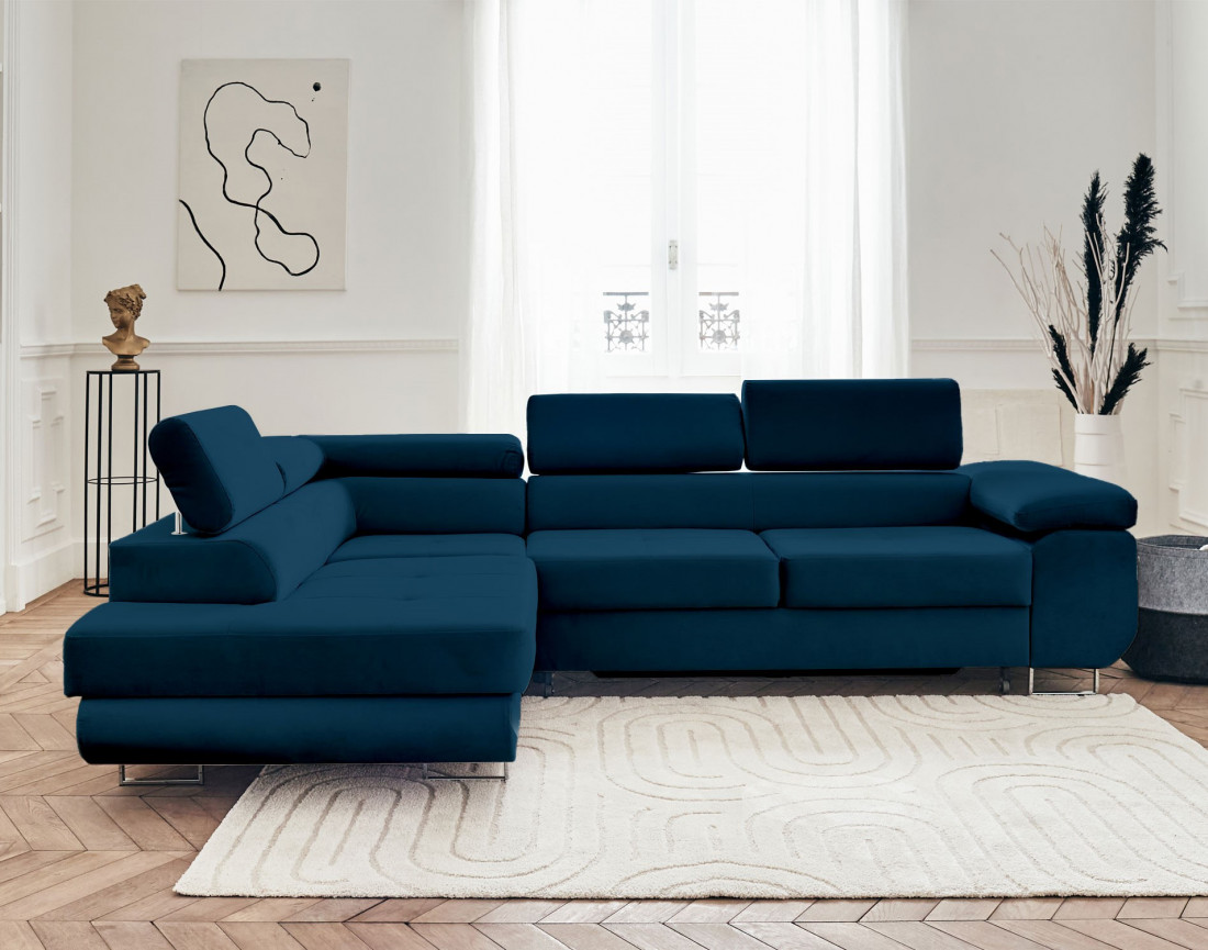 Pablo - canapé d'angle gauche en velours convertible avec coffre et têtières réglables 5 places - style contemporain
