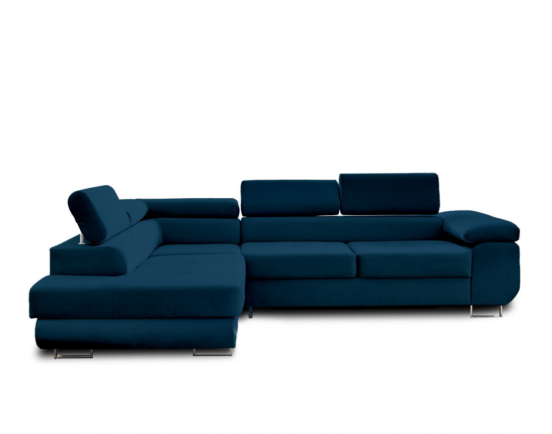 Pablo - canapé d'angle gauche en velours convertible avec coffre et têtières réglables 5 places - style contemporain