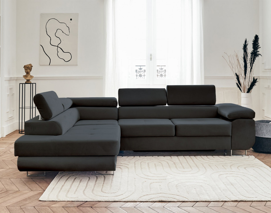 Pablo - canapé d'angle gauche en velours convertible avec coffre et têtières réglables 5 places - style contemporain