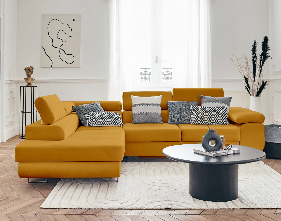 Pablo - canapé d'angle gauche en velours convertible avec coffre et têtières réglables 5 places - style contemporain