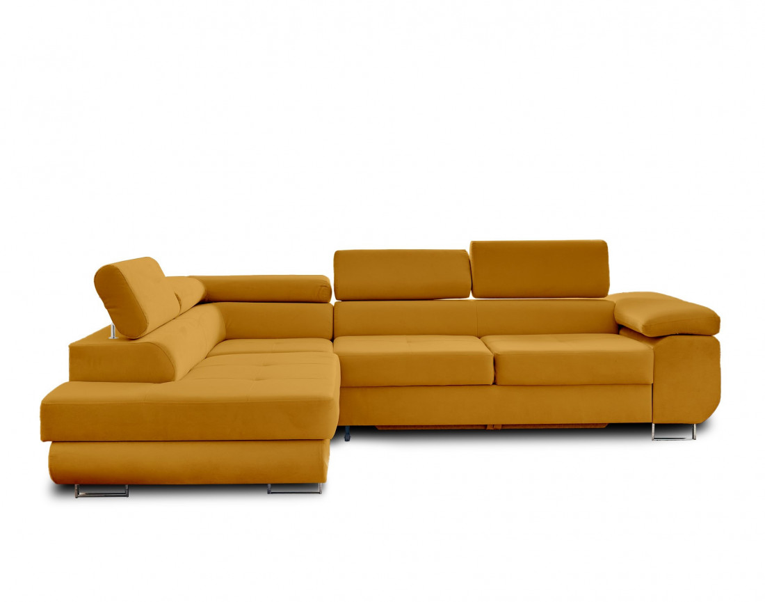 Pablo - canapé d'angle gauche en velours convertible avec coffre et têtières réglables 5 places - style contemporain