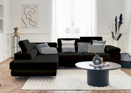 Pablo - canapé d'angle gauche en velours convertible avec coffre et têtières réglables 5 places - style contemporain