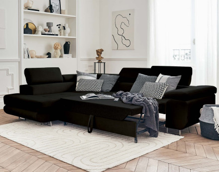 Pablo - canapé d'angle gauche en velours convertible avec coffre et têtières réglables 5 places - style contemporain