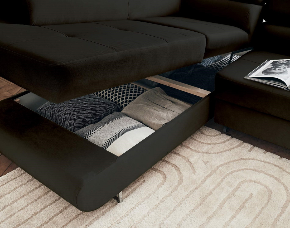 Pablo - canapé d'angle gauche en velours convertible avec coffre et têtières réglables 5 places - style contemporain