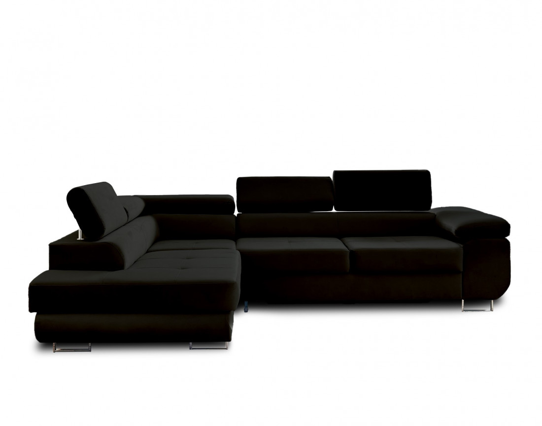 Pablo - canapé d'angle gauche en velours convertible avec coffre et têtières réglables 5 places - style contemporain