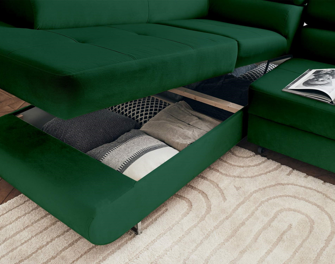 Pablo - canapé d'angle gauche en velours convertible avec coffre et têtières réglables 5 places - style contemporain