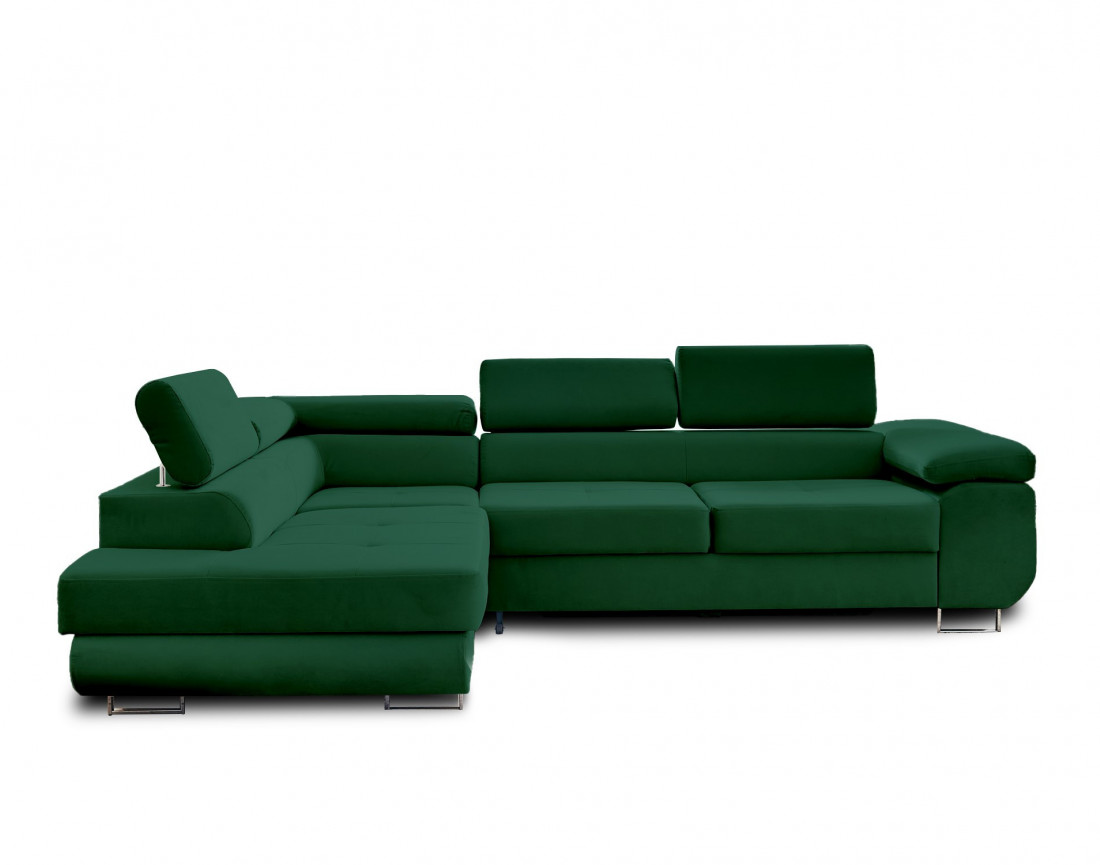 Pablo - canapé d'angle gauche en velours convertible avec coffre et têtières réglables 5 places - style contemporain