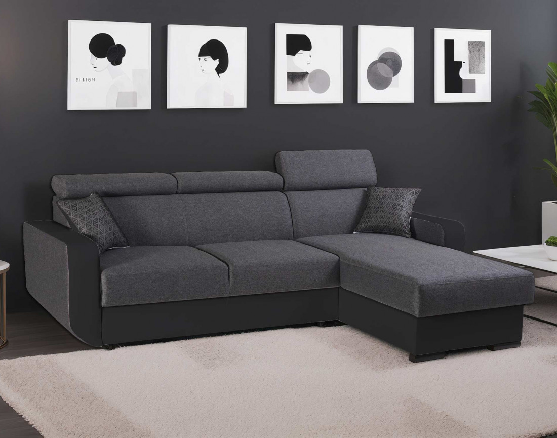 Canapé d'angle réversible 4 places convertible avec têtieres et coffre Dustin