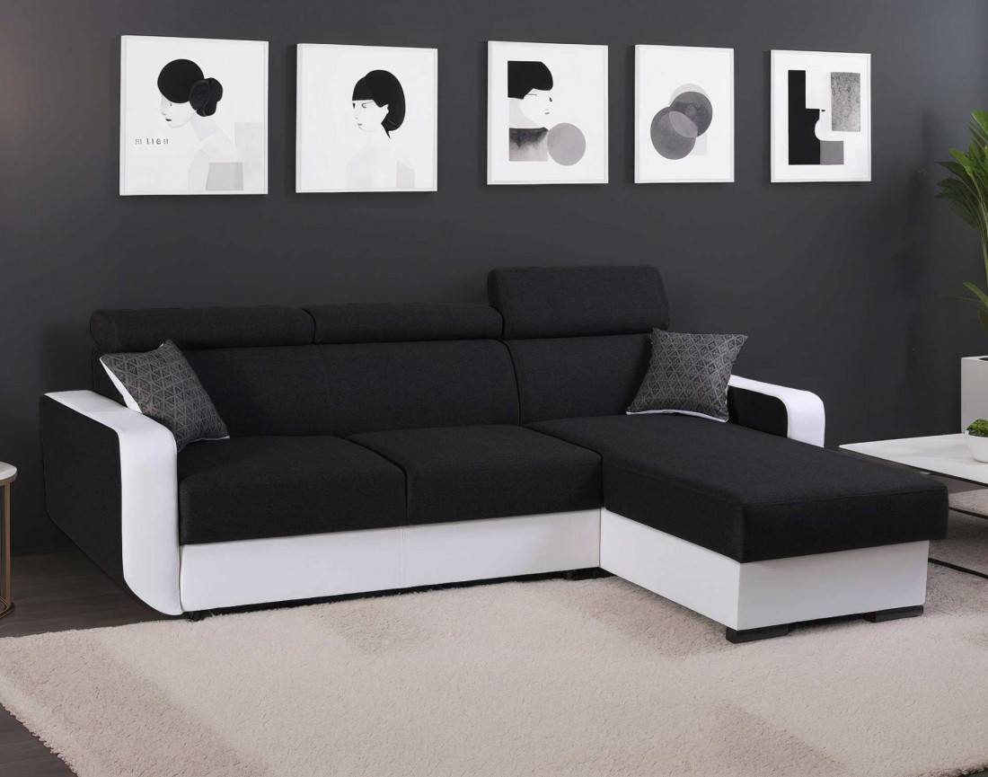 Canapé d'angle réversible 4 places convertible avec têtieres et coffre Dustin