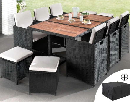 Salon de jardin encastrable 10 places - en résine tressée - Noir avec coussins beiges + housse de protection - Cuba