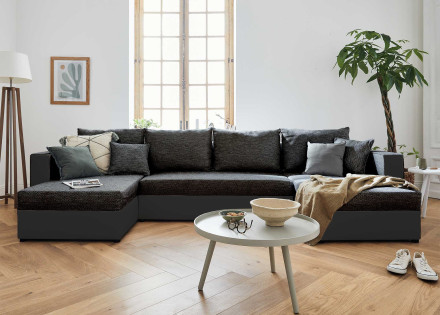 Canapé panoramique en U 7 places convertible avec coffre en tissu et simili Opale