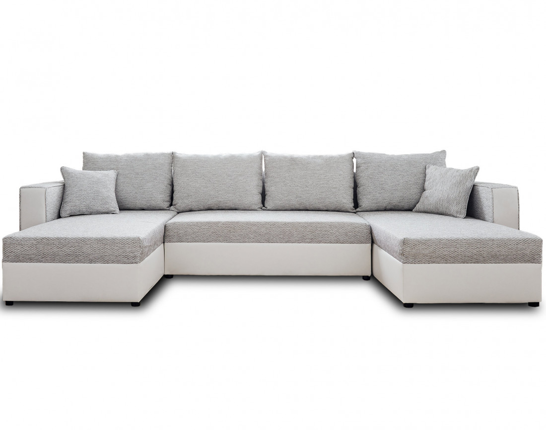 Canapé panoramique en U 7 places convertible avec coffre en tissu et simili Opale
