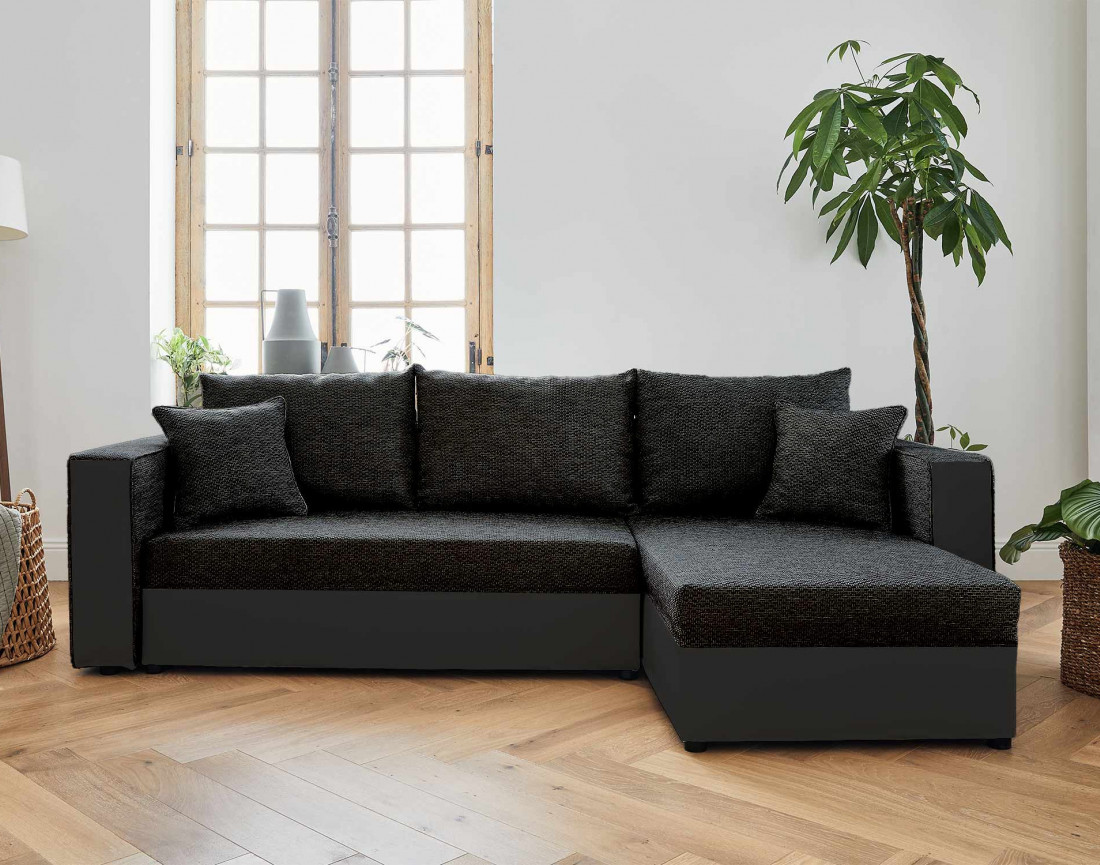 Canapé d'angle réversible 4 places convertible avec coffre en tissu et simili Opale