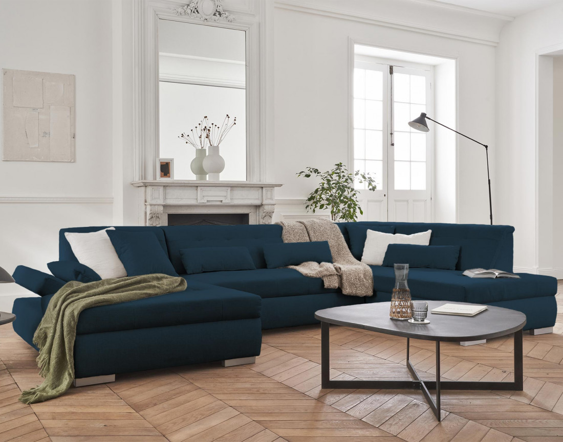 Canapé panoramique d'angle droit 7 places convertible en tissu Vermont