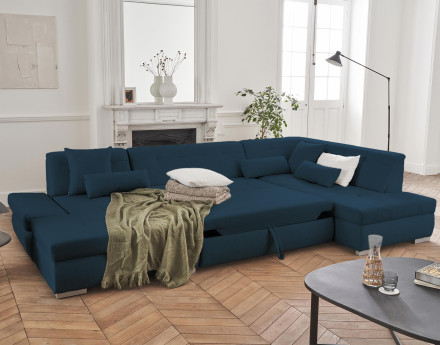 Canapé panoramique d'angle droit 7 places convertible en tissu Vermont