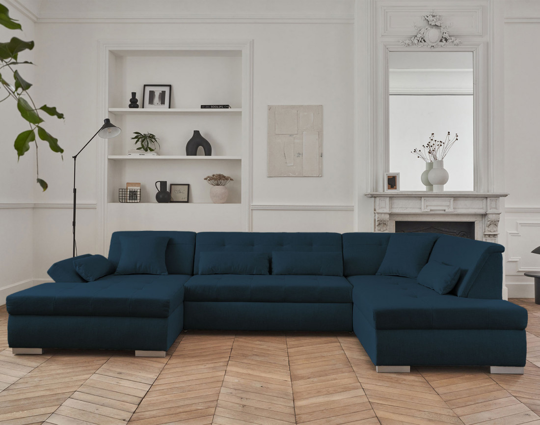 Canapé panoramique d'angle droit 7 places convertible en tissu Vermont