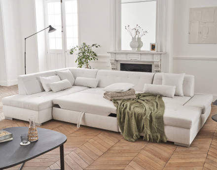 Canapé panoramique d'angle gauche 7 places convertible en tissu Vermont
