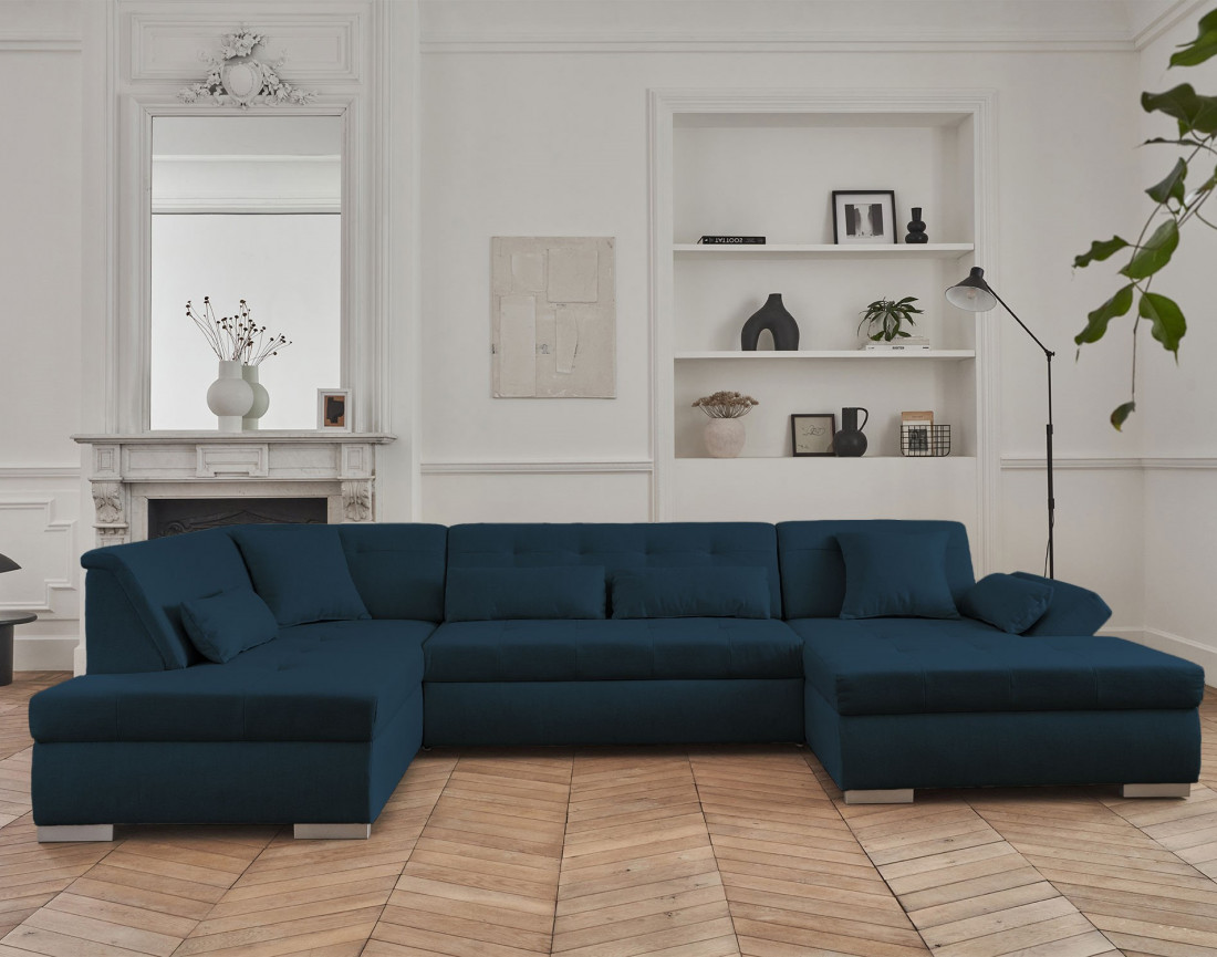 Canapé panoramique d'angle gauche 7 places convertible en tissu Vermont