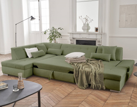 Canapé panoramique d'angle gauche 7 places convertible en tissu Vermont