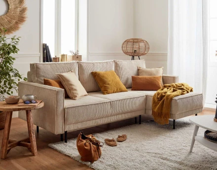 Canapé d'angle réversible 4 places convertible avec coffre en velours côtelé Charlie