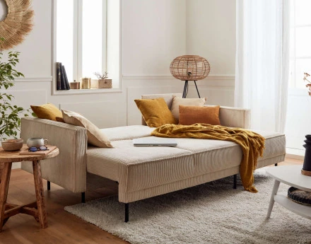 Canapé d'angle réversible 4 places convertible avec coffre en velours côtelé Charlie