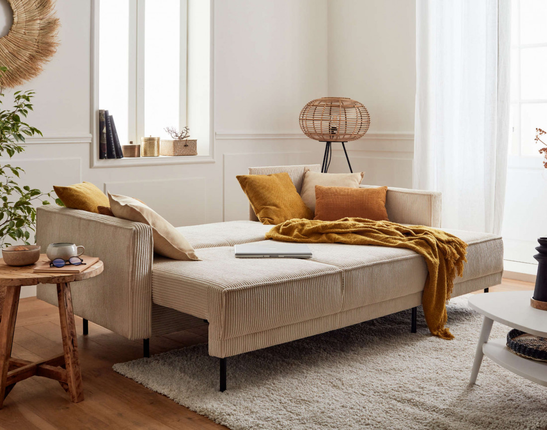 Canapé d'angle réversible 4 places convertible avec coffre en velours côtelé Charlie