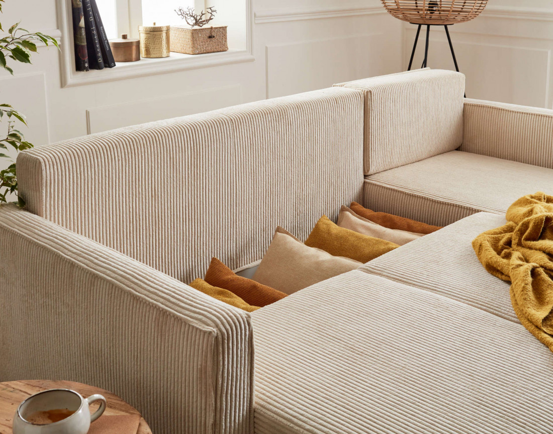 Canapé d'angle réversible 4 places convertible avec coffre en velours côtelé Charlie