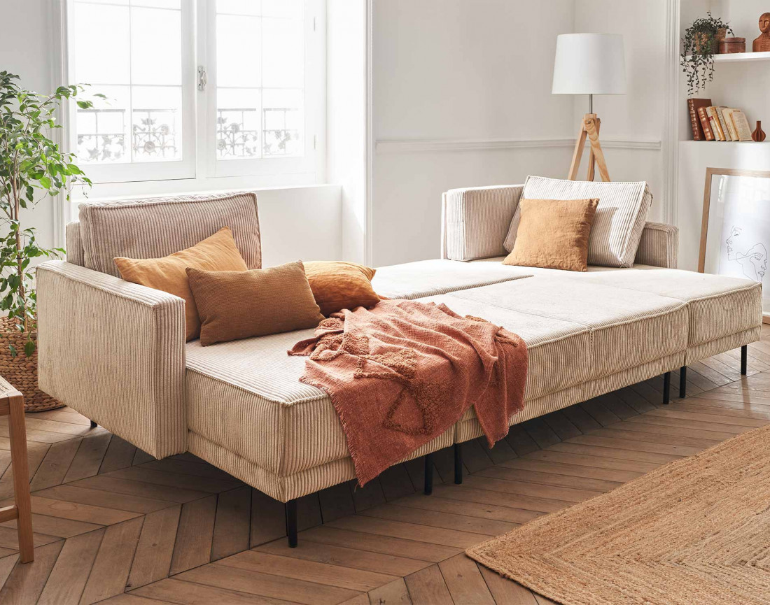 Canapé panoramique convertible avec coffre en velours côtelé 7 places Charlie Canapé panoramique convertible avec coffre en velours côtelé 7 places Charlie