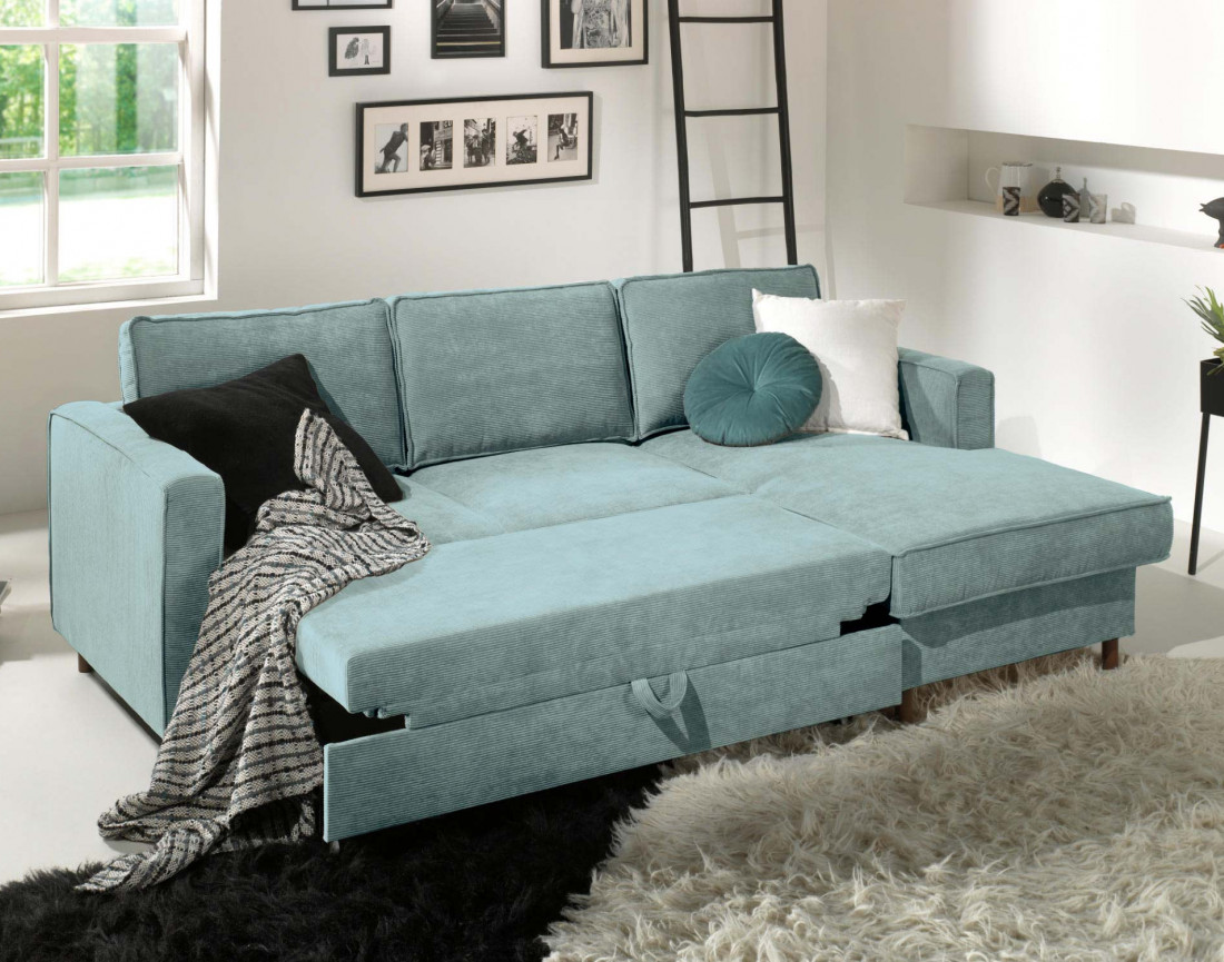 Canapé d'angle droit convertible avec coffre 4 places en velours côtelé Jake