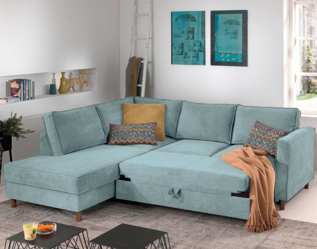 Canapé d'angle gauche convertible 5 places en velours côtelé Jake