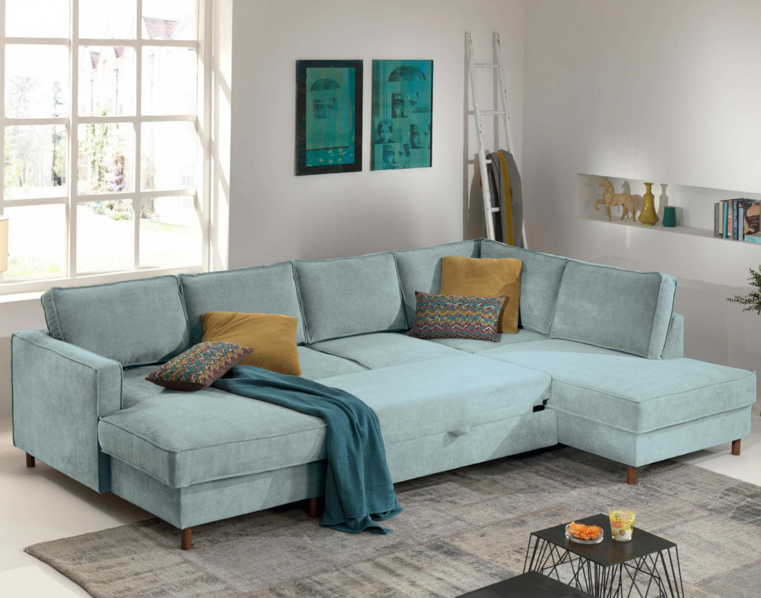 Canapé panoramique d'angle droit convertible avec coffre 7 places en velours côtelé Jake