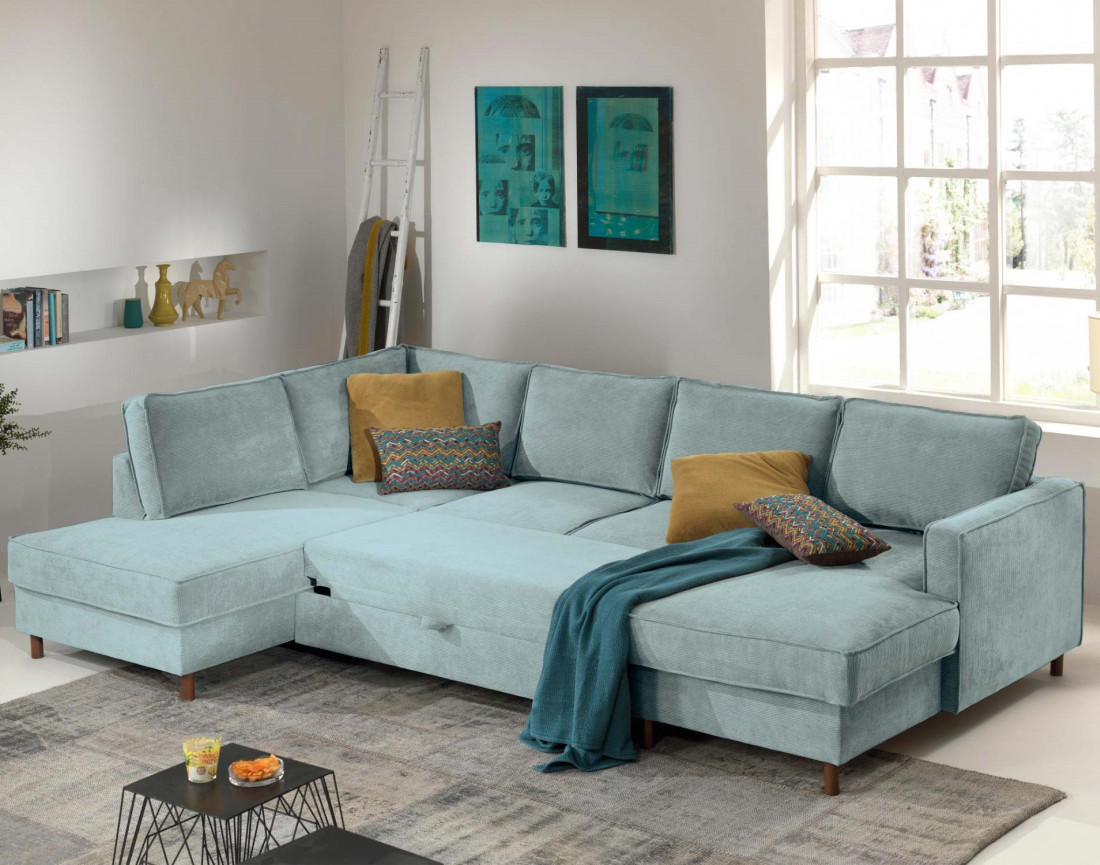 Canapé panoramique d'angle gauche convertible avec coffre 7 places en velours côtelé Jake