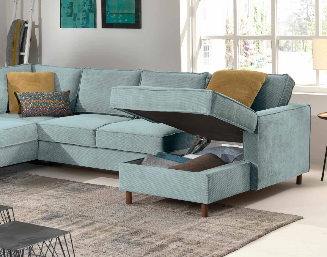 Canapé panoramique d'angle gauche convertible avec coffre 7 places en velours côtelé Jake