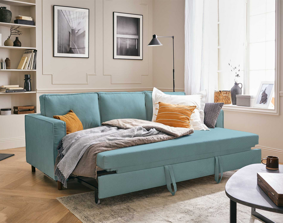 Canapé 3 places convertible en velours côtelé Jake