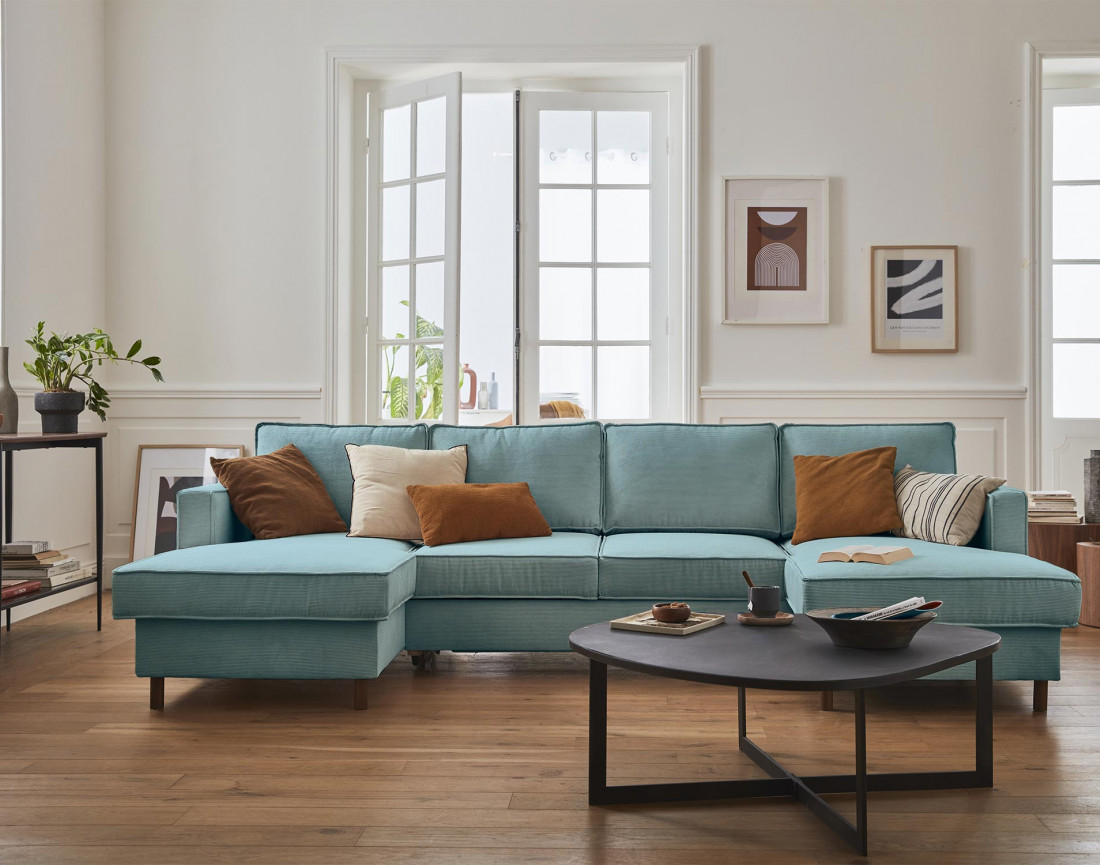 Canapé panoramique en U 7 places convertible avec coffre en velours côtelé Jake