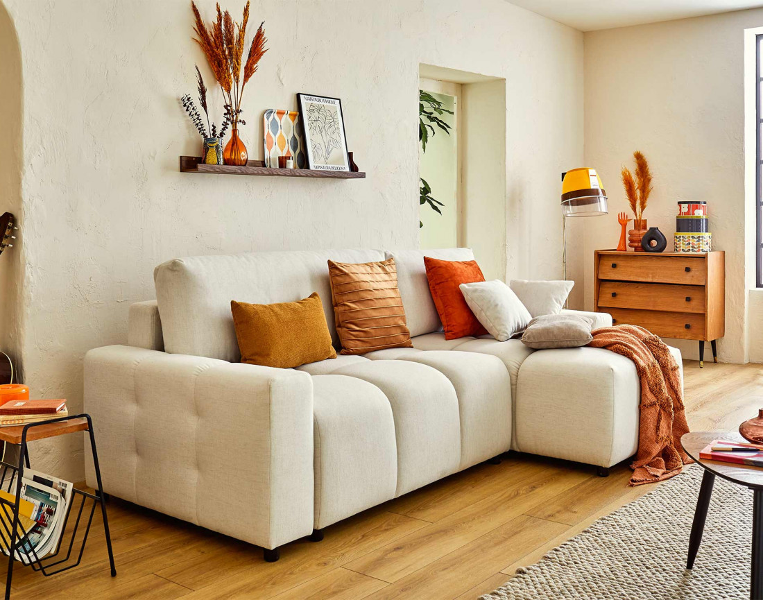 Canapé d'angle réversible convertible avec coffre 4 places en tissu Crocus Canapé d'angle réversible convertible avec coffre 4 places en tissu Crocus