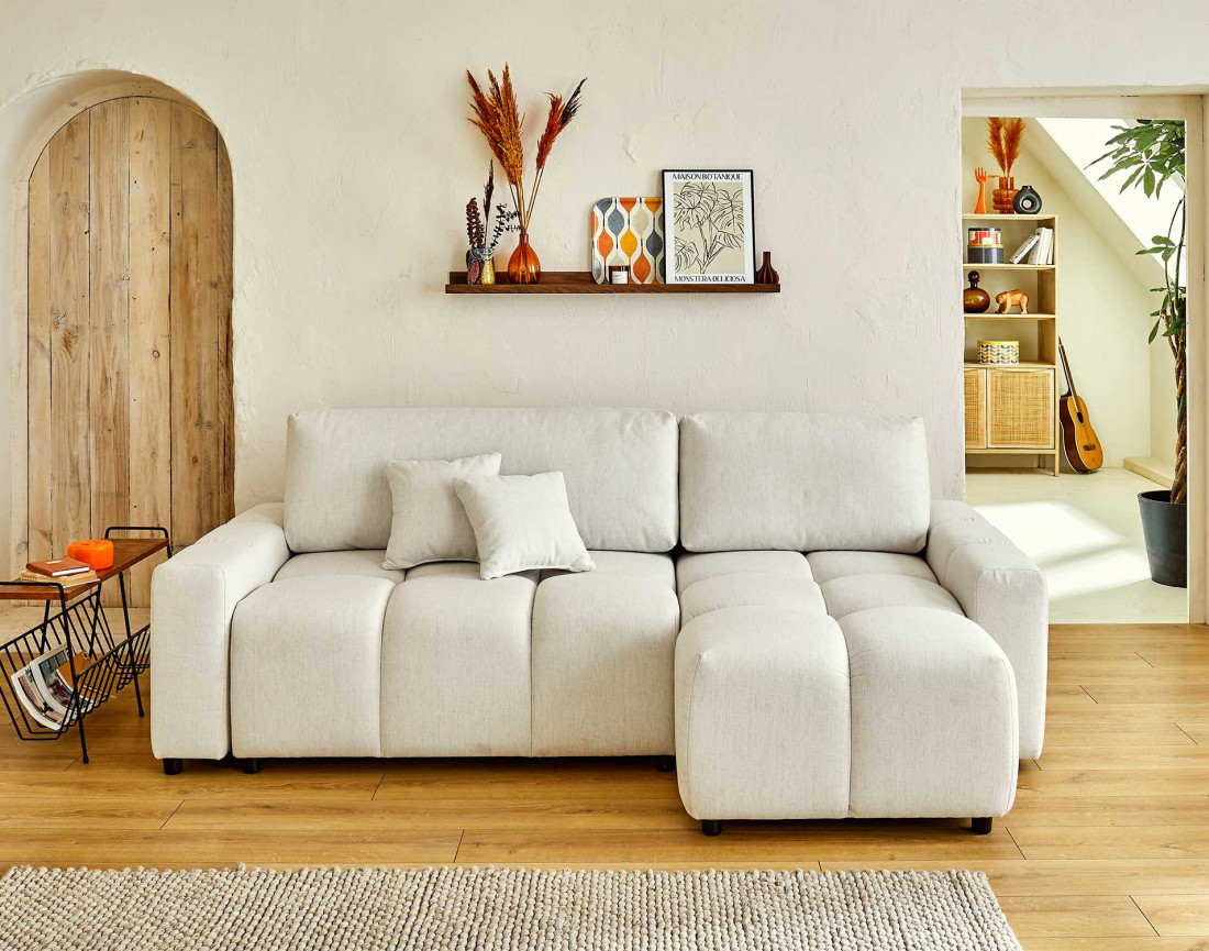 Canapé d'angle réversible convertible avec coffre 4 places en tissu Crocus Canapé d'angle réversible convertible avec coffre 4 places en tissu Crocus