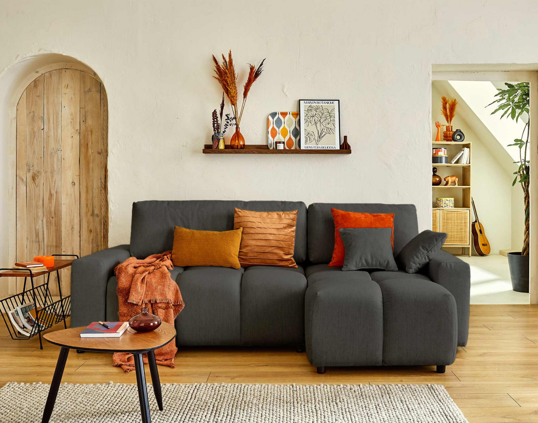 Canapé d'angle réversible convertible avec coffre 4 places en tissu Crocus