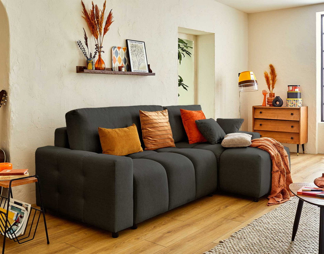 Canapé d'angle réversible convertible avec coffre 4 places en tissu Crocus