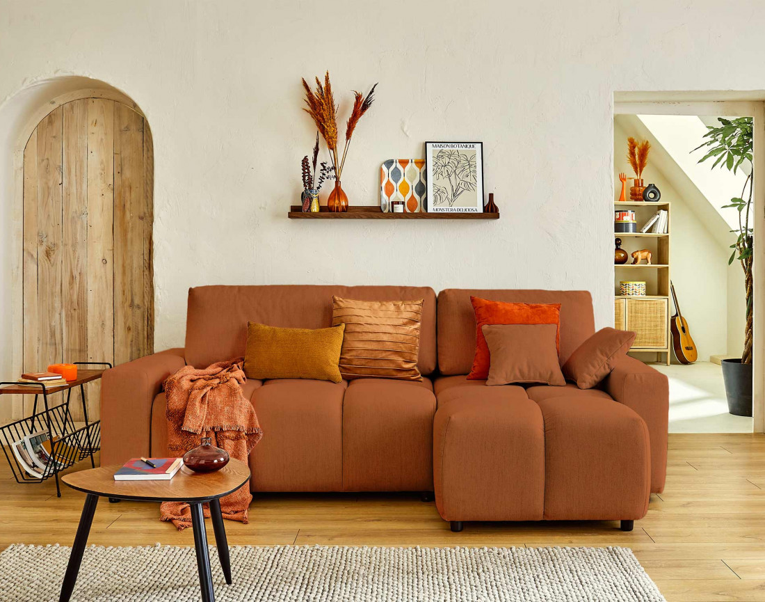 Canapé d'angle réversible convertible avec coffre 4 places en tissu Crocus