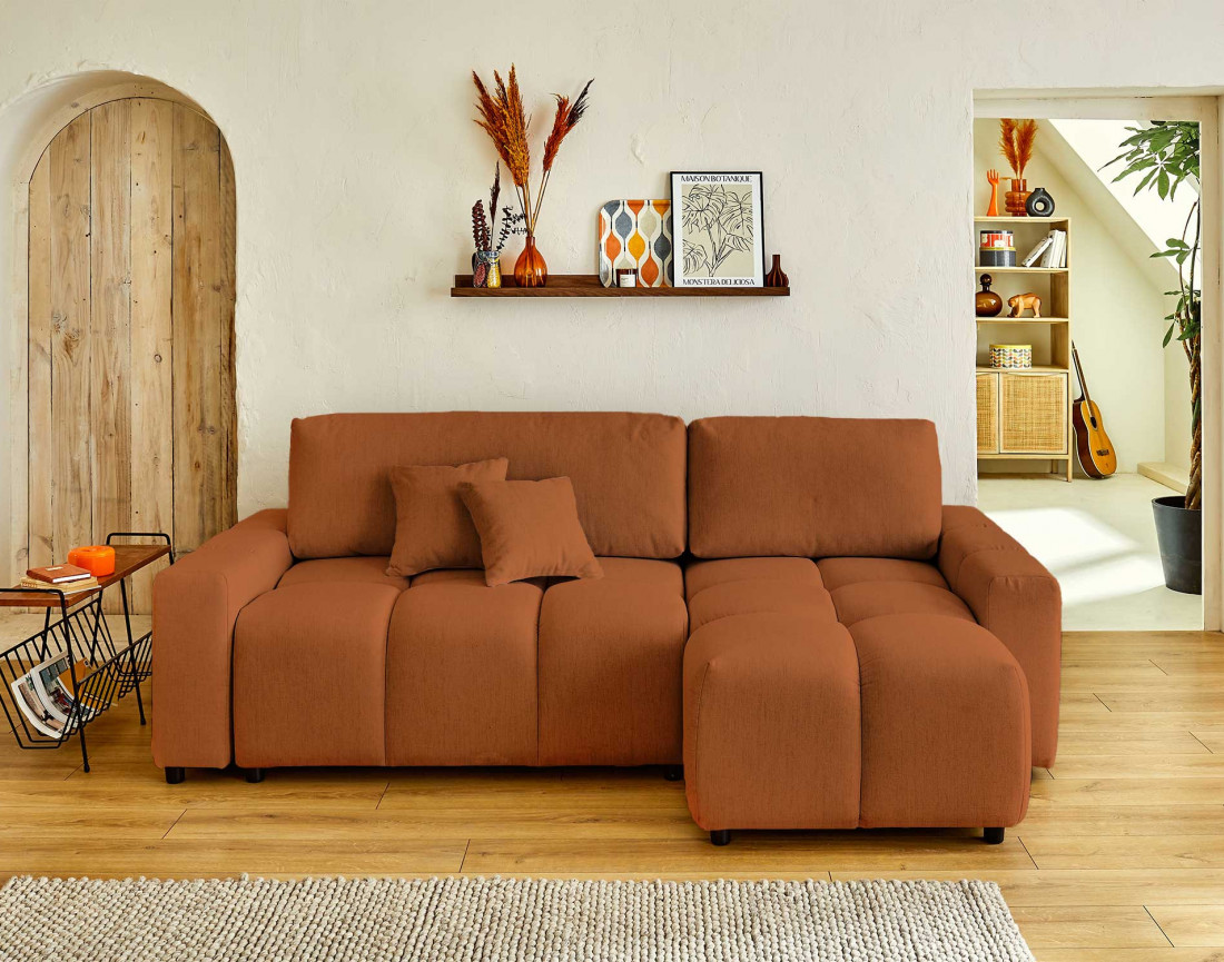 Canapé d'angle réversible convertible avec coffre 4 places en tissu Crocus