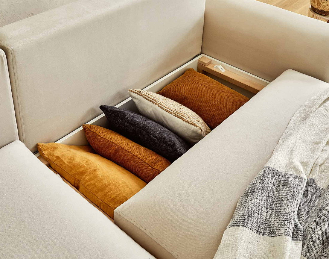 Canapé d'angle réversible convertible avec coffre et poches 4 places en velours Camélia Canapé d'angle réversible convertible avec coffre et poches 4 places en velours Camélia