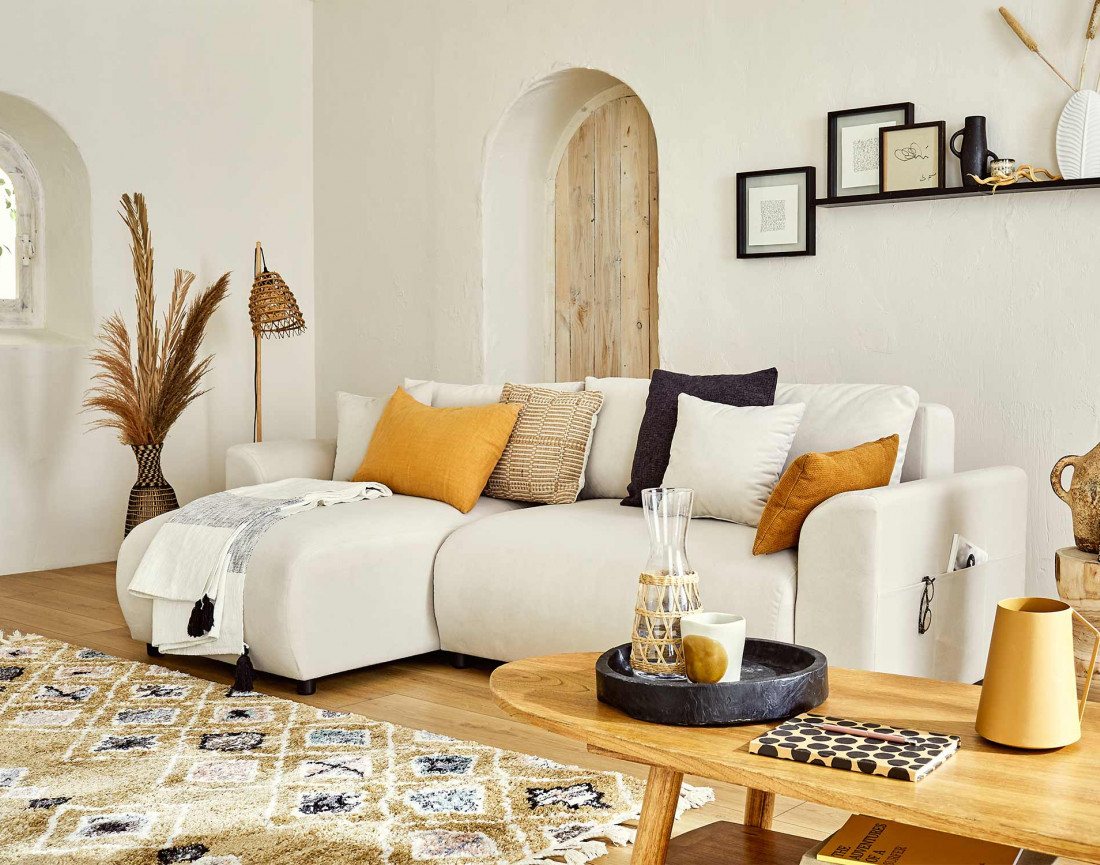 Canapé d'angle réversible convertible avec coffre et poches 4 places en velours Camélia Canapé d'angle réversible convertible avec coffre et poches 4 places en velours Camélia