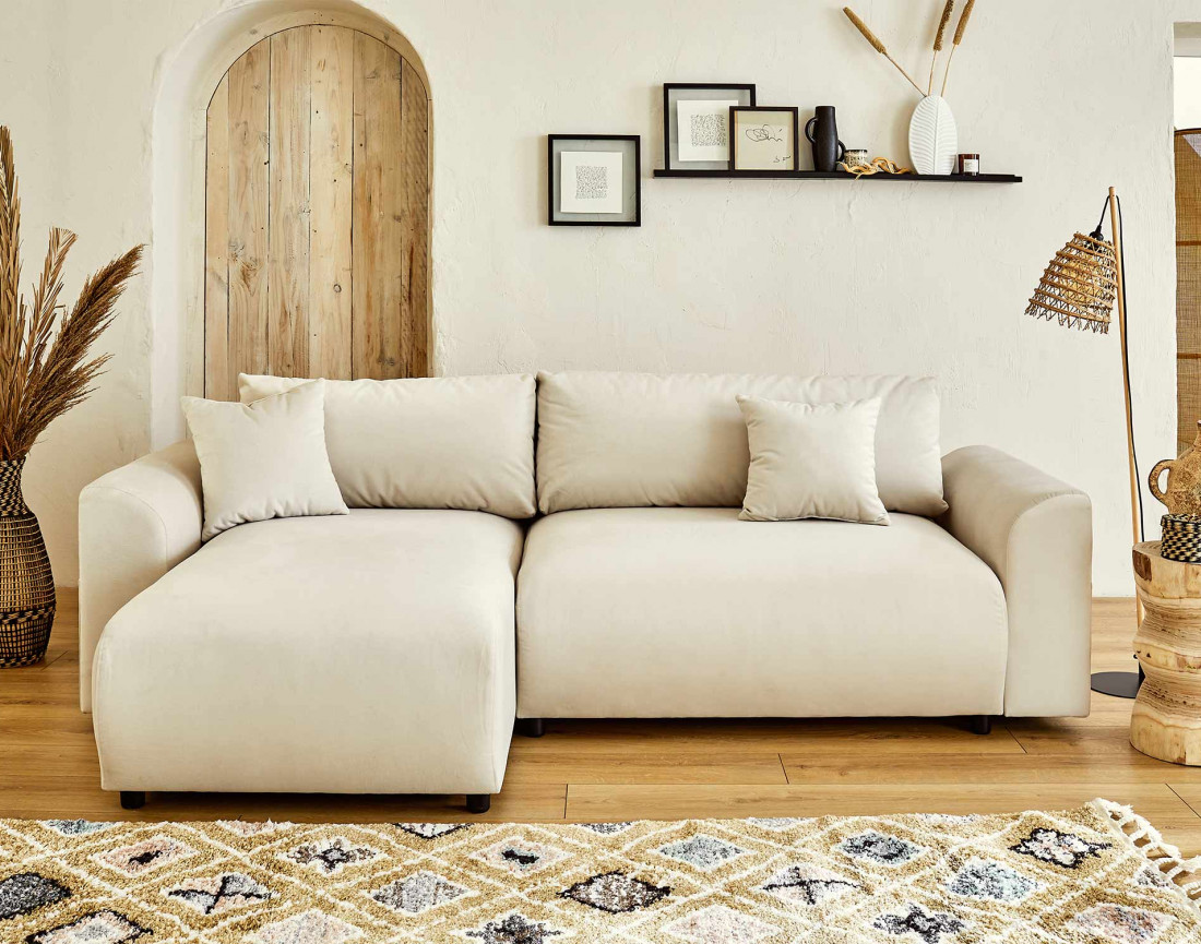 Canapé d'angle réversible convertible avec coffre et poches 4 places en velours Camélia Canapé d'angle réversible convertible avec coffre et poches 4 places en velours Camélia