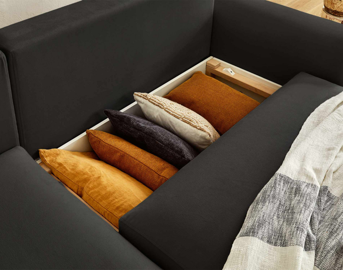 Canapé d'angle réversible convertible avec coffre et poches 4 places en velours Camélia Canapé d'angle réversible convertible avec coffre et poches 4 places en velours Camélia