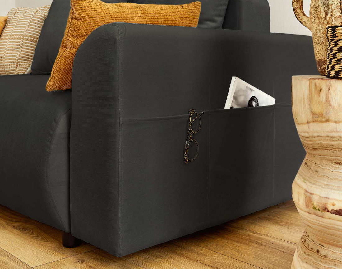 Canapé d'angle réversible convertible avec coffre et poches 4 places en velours Camélia Canapé d'angle réversible convertible avec coffre et poches 4 places en velours Camélia
