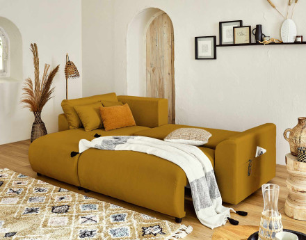 Canapé d'angle réversible convertible avec coffre et poches 4 places en velours Camélia