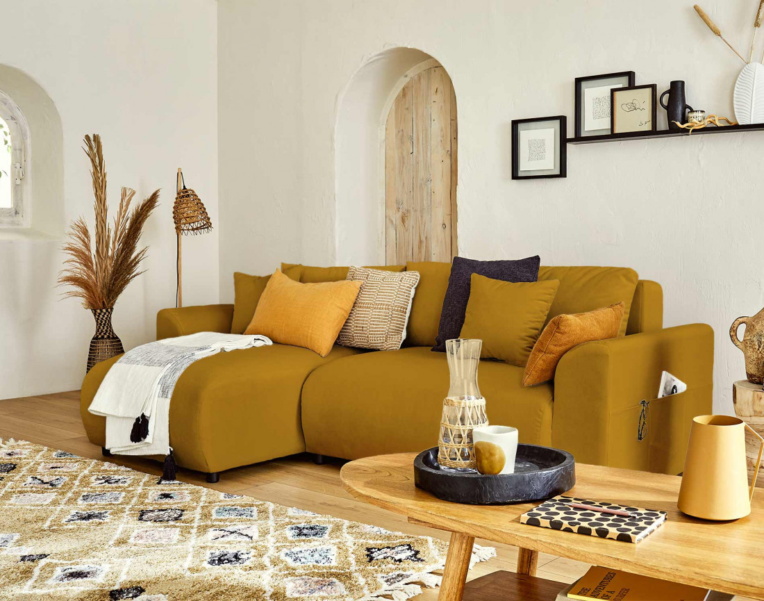 Canapé d'angle réversible convertible avec coffre et poches 4 places en velours Camélia